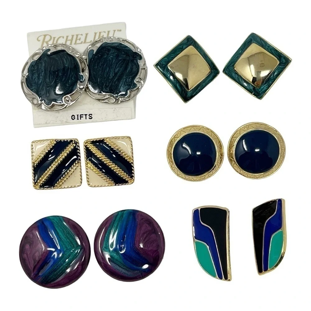 VTG lot 9 Pair of Pierced Earrings Gold Tone Enamel Bold